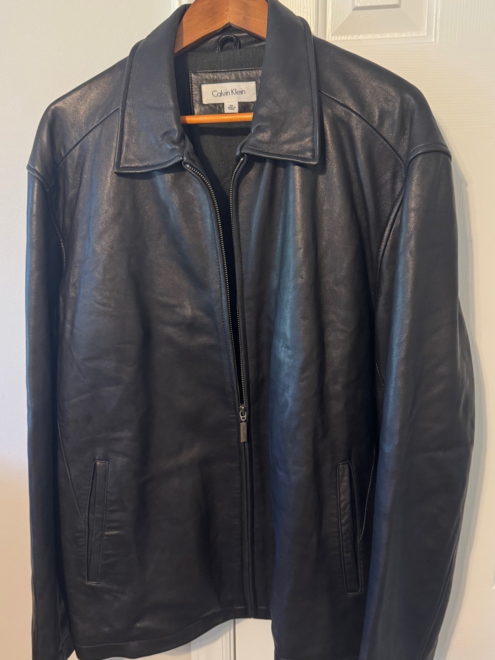 Calvin Klein Men's Black Leather Zip-Front Bomber Jacket